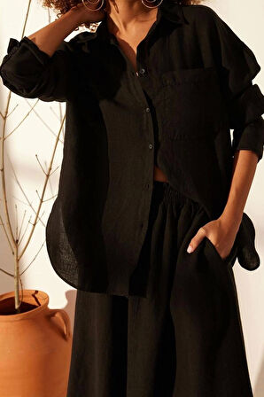 Moda Kadın Gömlek Yaka Düz Desen Günlük %100 Keten Oversize Gömlek