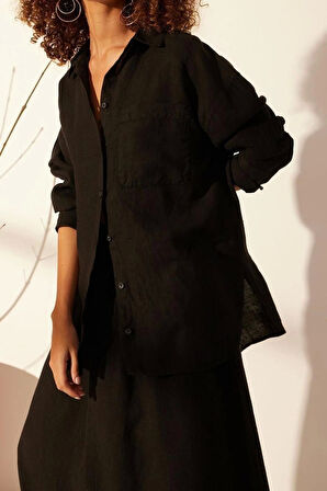 Moda Kadın Gömlek Yaka Düz Desen Günlük %100 Keten Oversize Gömlek