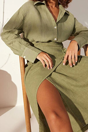 Moda Kadın Gömlek Yaka Düz Desen Günlük %100 Keten Oversize Gömlek