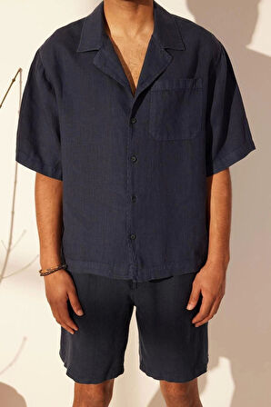 Moda Erkek Apaş Yaka Düz Desen Günlük %100 Keten Oversize Fit Gömlek