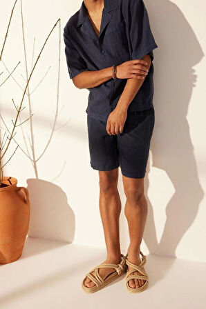 Moda Erkek Apaş Yaka Düz Desen Günlük %100 Keten Oversize Fit Gömlek