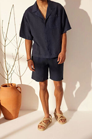 Moda Erkek Apaş Yaka Düz Desen Günlük %100 Keten Oversize Fit Gömlek