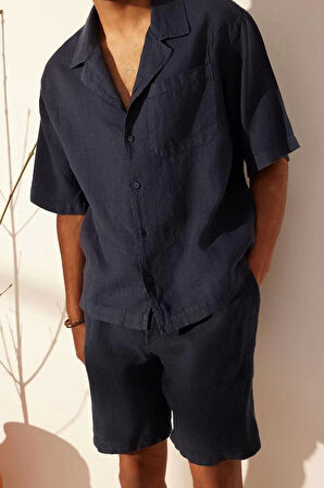 Moda Erkek Apaş Yaka Düz Desen Günlük %100 Keten Oversize Fit Gömlek