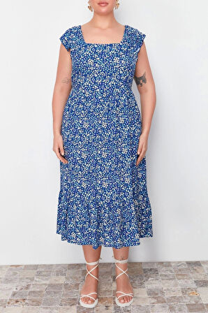Moda Fit Casual Günlük Shally Dokuma Kare Yaka Askısız Kol A-Line Midi Boy Büyük Beden Elbise