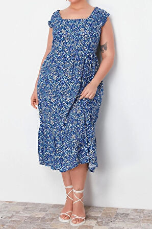 Moda Fit Casual Günlük Shally Dokuma Kare Yaka Askısız Kol A-Line Midi Boy Büyük Beden Elbise