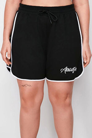 Büyük Beden Moda Örme Yüksek Bel Boru Paça Gündelik Gri Baskılı Biye Detaylı Şort Bermuda