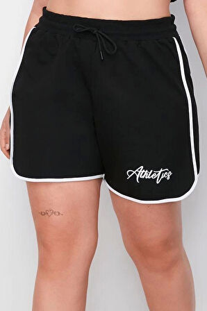 Büyük Beden Moda Örme Yüksek Bel Boru Paça Gündelik Gri Baskılı Biye Detaylı Şort Bermuda