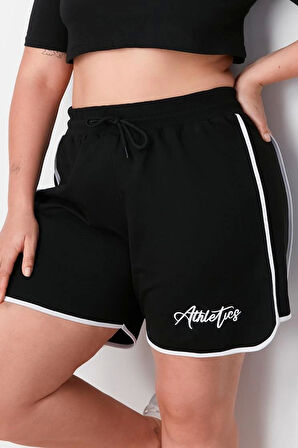 Büyük Beden Moda Örme Yüksek Bel Boru Paça Gündelik Gri Baskılı Biye Detaylı Şort Bermuda