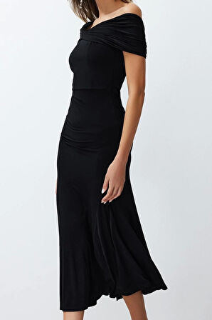 Moda Stil Fitted Asimetrik Yaka Midi Boy Örme Şık Abiye Elbise
