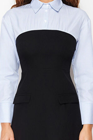 Moda Slim Gündüz Gece Finike Dokuma Gömlek Yaka Uzun Kol Bodycone Mini Boy Elbise