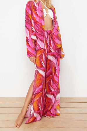 Moda Örme Şal Desen Gömlek Yaka Plaj Soyut Desenli Dokuma Gömlek Pantolon Takım