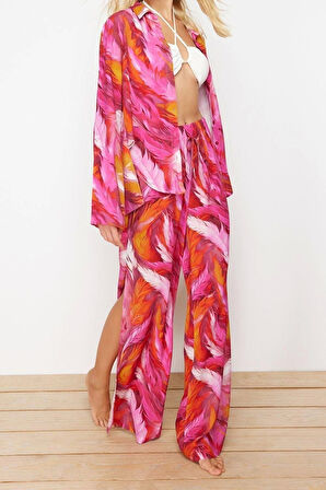 Moda Örme Şal Desen Gömlek Yaka Plaj Soyut Desenli Dokuma Gömlek Pantolon Takım