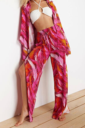 Moda Örme Şal Desen Gömlek Yaka Plaj Soyut Desenli Dokuma Gömlek Pantolon Takım