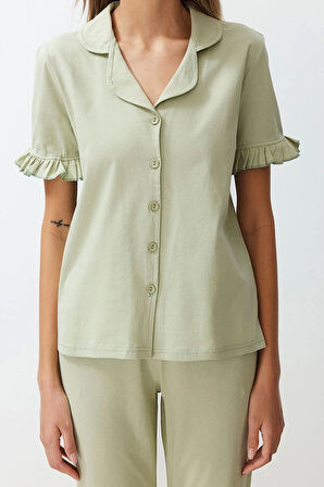 Tarz Rahat Kısa Kollu Boru Paça %100 Pamuklu Fırfır Detaylı Örme Pijama Takımı