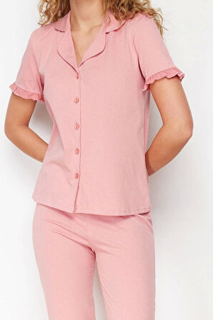 Tarz Rahat Kısa Kollu Boru Paça %100 Pamuklu Fırfır Detaylı Örme Pijama Takımı