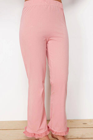 Tarz Rahat Kısa Kollu Boru Paça %100 Pamuklu Fırfır Detaylı Örme Pijama Takımı