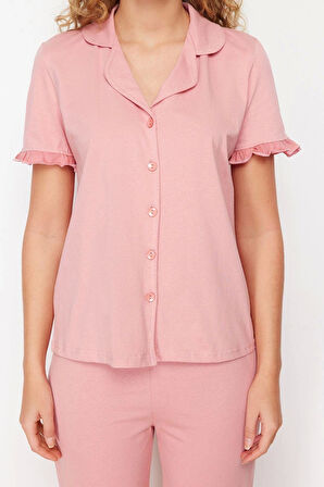 Tarz Rahat Kısa Kollu Boru Paça %100 Pamuklu Fırfır Detaylı Örme Pijama Takımı