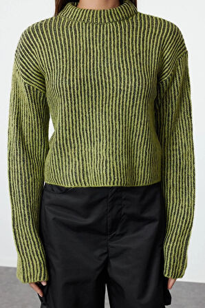 Stil Modern Kadın Crop Standart Kol Bisiklet Yaka Yeşil Yumuşak Dokulu Triko Kazak