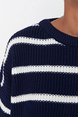 Stil Modern Kadın Regular Standart Kol Bisiklet Yaka Geniş Kalıp Çizgili Triko Kazak