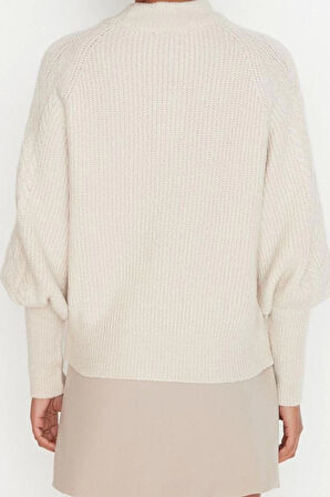 Kadın Modern Tarz Rahat Uzun Dik Yaka Saç Örgü Kol Regular Triko Kazak