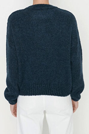 Kadın Modern Tarz Rahat Uzun Bisiklet Yaka Düz Kol Regular Triko Kazak