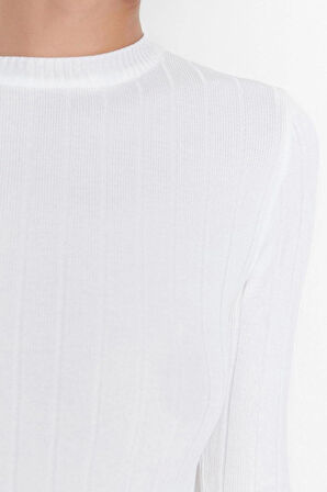 Kadın Modern Tarz Rahat Uzun Bisiklet Yaka Düz Kol Regular Triko Kazak