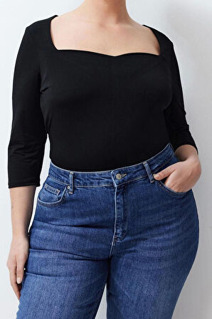 Moda Büyük Beden Kalp Yaka Örme Fit Düz Desen Casual Günlük Regular Uzun Kol Bluz