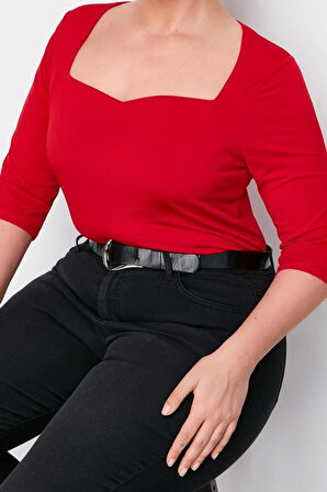 Moda Büyük Beden Kalp Yaka Örme Fit Düz Desen Casual Günlük Regular Uzun Kol Bluz