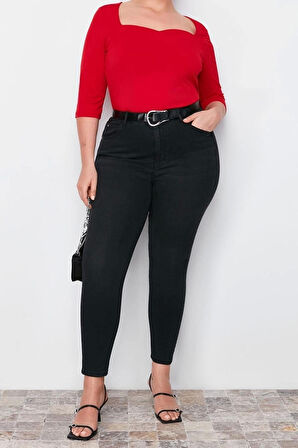 Moda Büyük Beden Kalp Yaka Örme Fit Düz Desen Casual Günlük Regular Uzun Kol Bluz