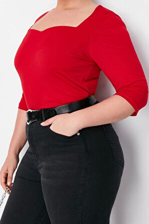 Moda Büyük Beden Kalp Yaka Örme Fit Düz Desen Casual Günlük Regular Uzun Kol Bluz