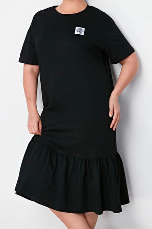 Moda Bisiklet Yaka Midi Boy Büyük Beden Büzgü ve Etiket Detaylı %100 Pamuk Örme T-shirt Elbise