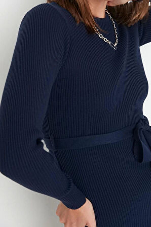 Moda Slim Casual Günlük Fitilli Triko Bisiklet Yaka Uzun Kol A-Line Midi Boy Elbise