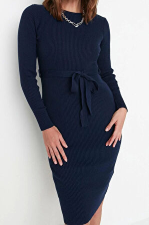 Moda Slim Casual Günlük Fitilli Triko Bisiklet Yaka Uzun Kol A-Line Midi Boy Elbise