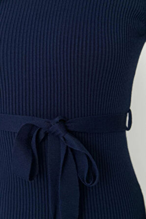 Moda Slim Casual Günlük Fitilli Triko Bisiklet Yaka Uzun Kol A-Line Midi Boy Elbise