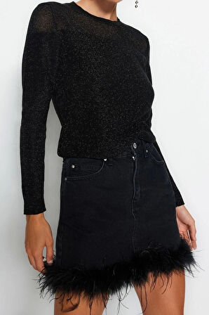 Kadın Modern Tarz Rahat Uzun Bisiklet Yaka Renk Bloklu Kol Regular Triko Kazak