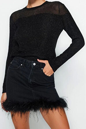 Kadın Modern Tarz Rahat Uzun Bisiklet Yaka Renk Bloklu Kol Regular Triko Kazak