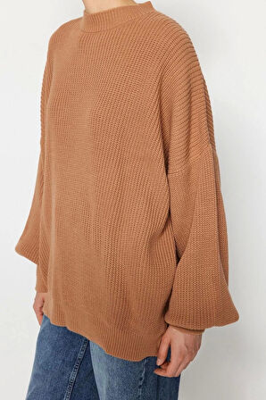 Kadın Modern Tarz Rahat Uzun Bisiklet Yaka Düz Kol Regular Triko Kazak