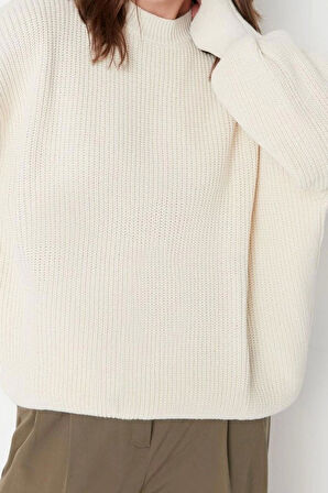 Stil Modern Kadın Regular Balon Kol Bisiklet Yaka Geniş Kalıp Basic Triko Kazak