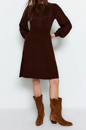 Moda Regular Business Tek Plaka Triko Bisiklet Yaka Uzun Kol A-Line Mini Boy Elbise