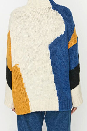 Kadın Modern Tarz Rahat Uzun Dik Yaka Renk Bloklu Kol Regular Triko Kazak