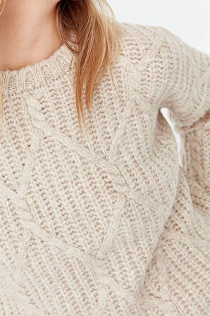 Kadın Modern Tarz Rahat Uzun Bisiklet Yaka Saç Örgü Kol Regular Triko Kazak