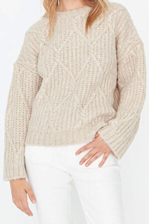 Kadın Modern Tarz Rahat Uzun Bisiklet Yaka Saç Örgü Kol Regular Triko Kazak