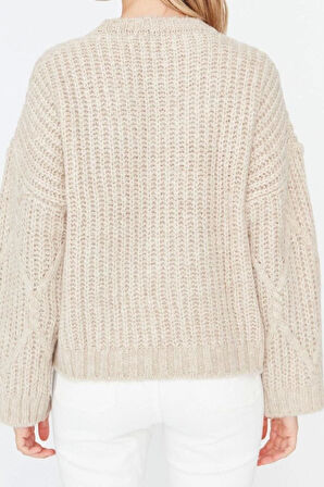 Kadın Modern Tarz Rahat Uzun Bisiklet Yaka Saç Örgü Kol Regular Triko Kazak