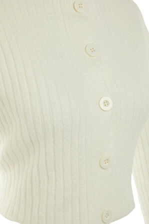 Kadın Modern Tarz Rahat Uzun Dik Yaka Düz Kol Crop Triko Hırka