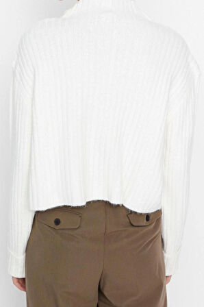 Kadın Modern Tarz Rahat Uzun Dik Yaka Düz Kol Crop Triko Hırka