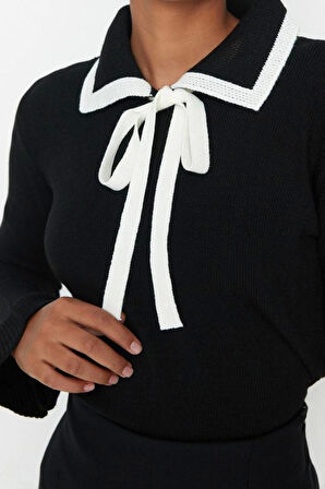 Stil Modern Kadın Regular Standart Kol Polo Yaka Renk Bloklu Kurdeleli Detaylı Triko Kazak