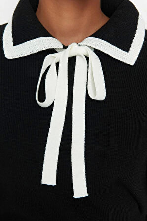 Stil Modern Kadın Regular Standart Kol Polo Yaka Renk Bloklu Kurdeleli Detaylı Triko Kazak