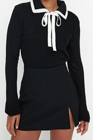 Stil Modern Kadın Regular Standart Kol Polo Yaka Renk Bloklu Kurdeleli Detaylı Triko Kazak