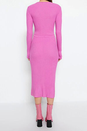 Moda Slim Casual Günlük Tek Plaka Triko Bisiklet Yaka Uzun Kol Bodycone Midi Boy Elbise