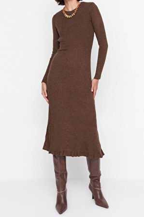 Moda Slim Casual Günlük Tek Plaka Triko Bisiklet Yaka Uzun Kol Bodycone Midi Boy Elbise